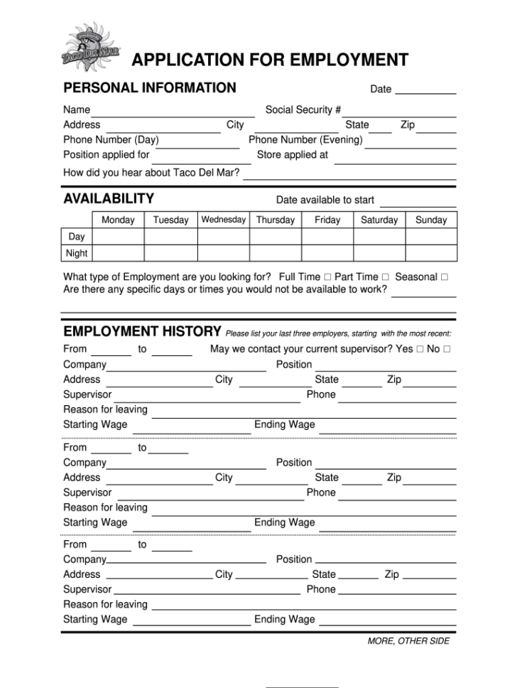Free Printable Taco Bell Application