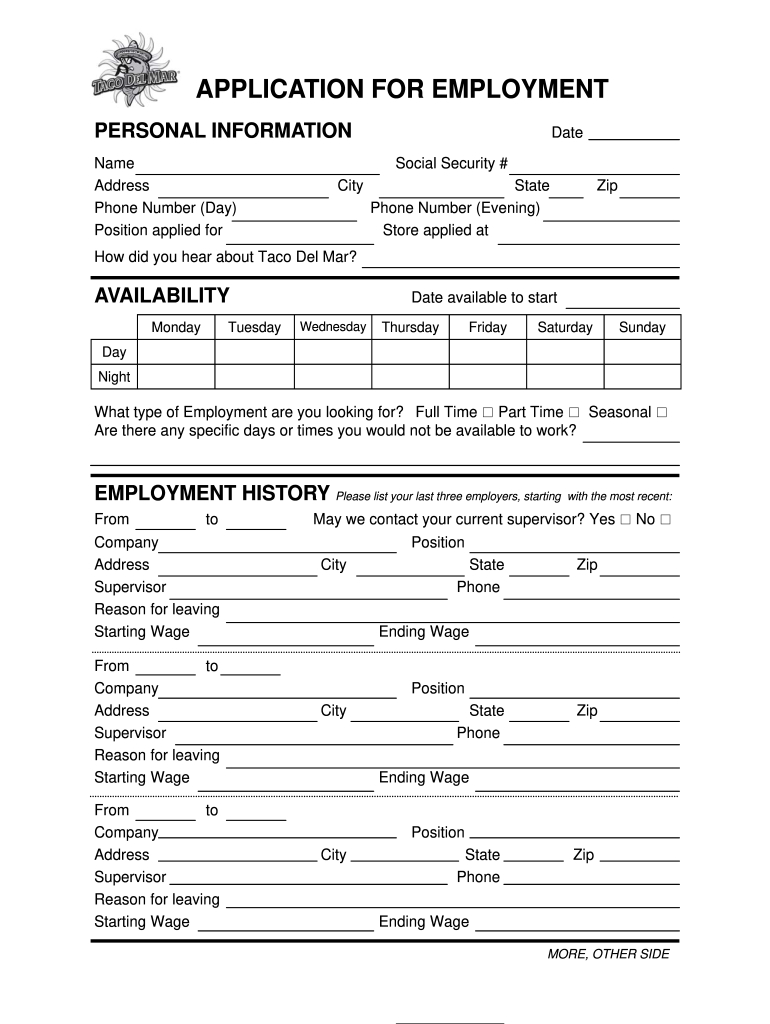 1 Page Job Application - Fill Online, Printable, Fillable, Blank inside Free Printable Taco Bell Application