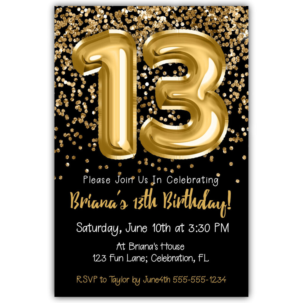 13Th Birthday Invitation Gold Balloons Glitter On Black Birthday With 13th Birthday Party Invitations Printable Free 13Th Birthday Invitation Gold Balloons Glitter On Black Birthday With 13th Birthday Party Invitations Printable Free