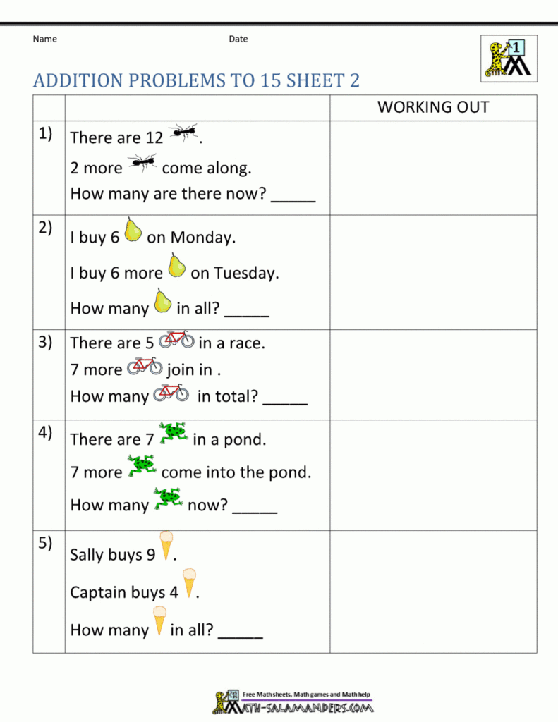 1St Grade Addition Word Problems Within Free Printable Math Worksheets Word Problems First Grade