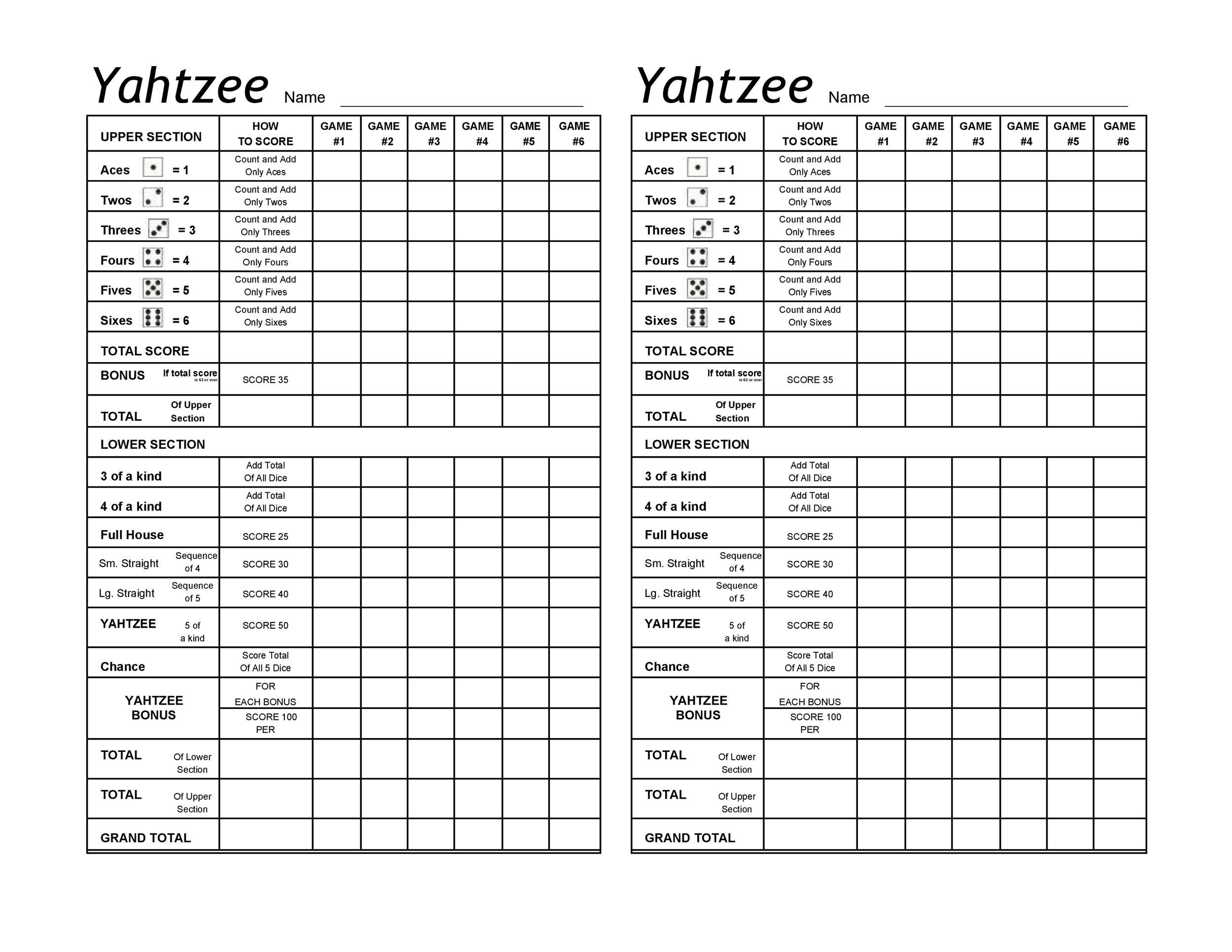 28 Printable Yahtzee Score Sheets &amp;amp; Cards (101% Free) ᐅ Templatelab in Free Printable Yahtzee Score Sheets
