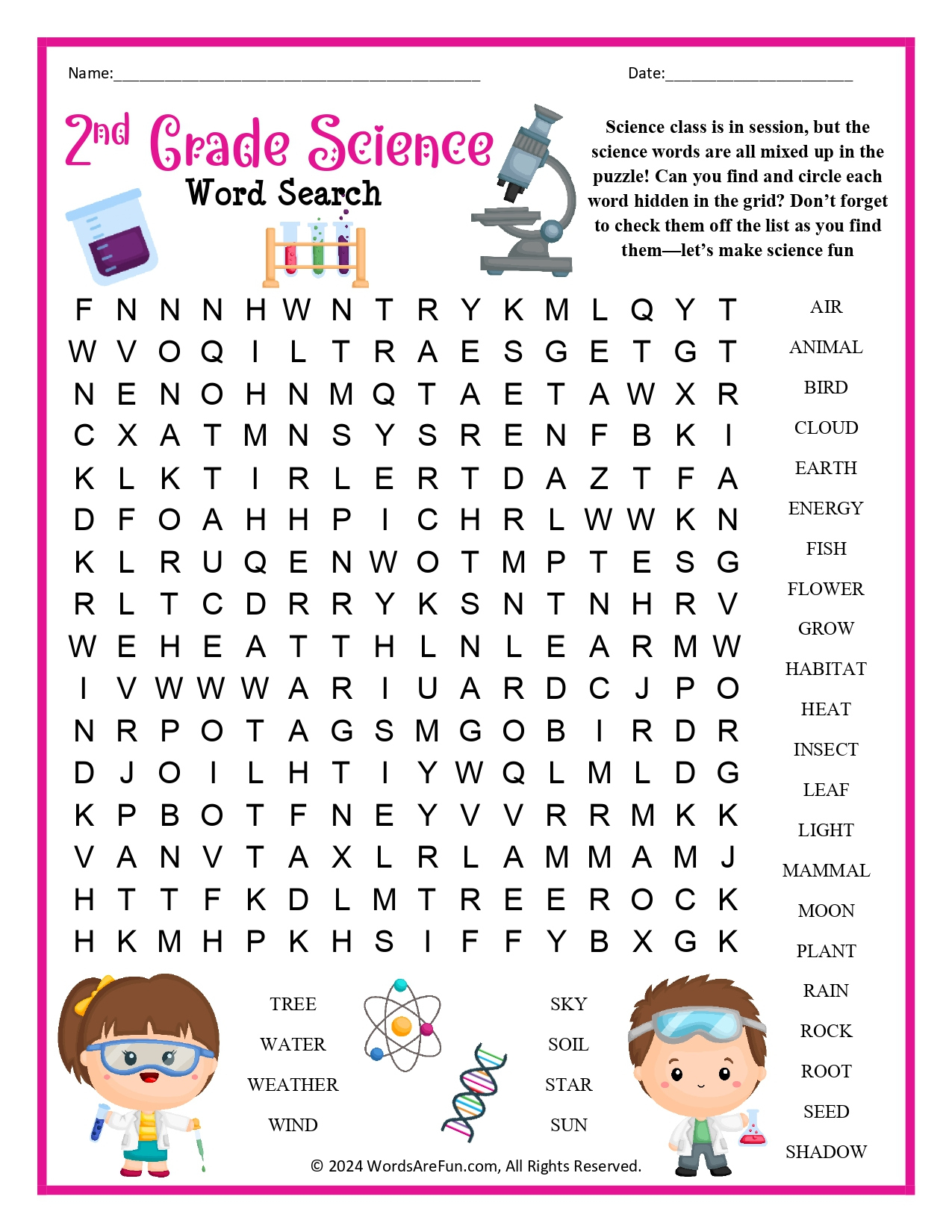 2Nd Grade Science Word Search within 2Nd Grade Word Search Free Printable