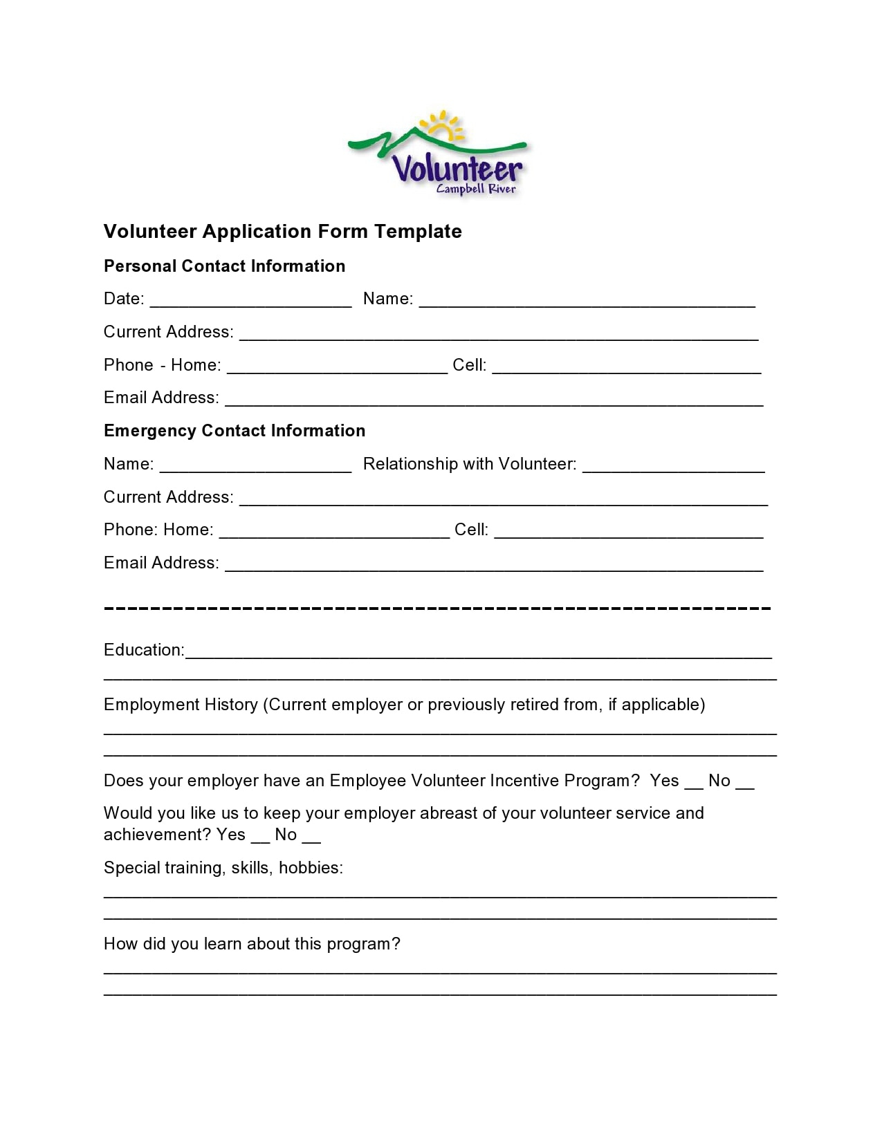 30 Printable Volunteer Application Templates (Free) - Templatearchive pertaining to Free Printable Volunteer Forms