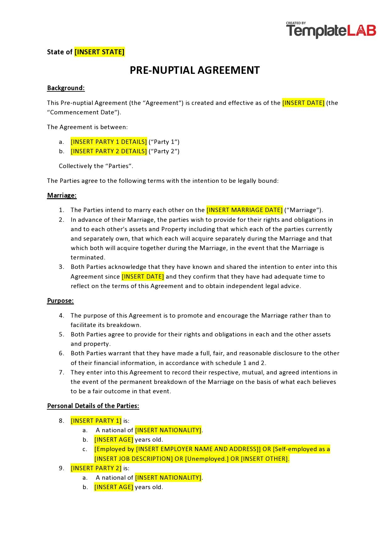 30+ Simple Prenuptial Agreement Templates [Prenup Examples] intended for Free Printable Prenuptial Agreement Form