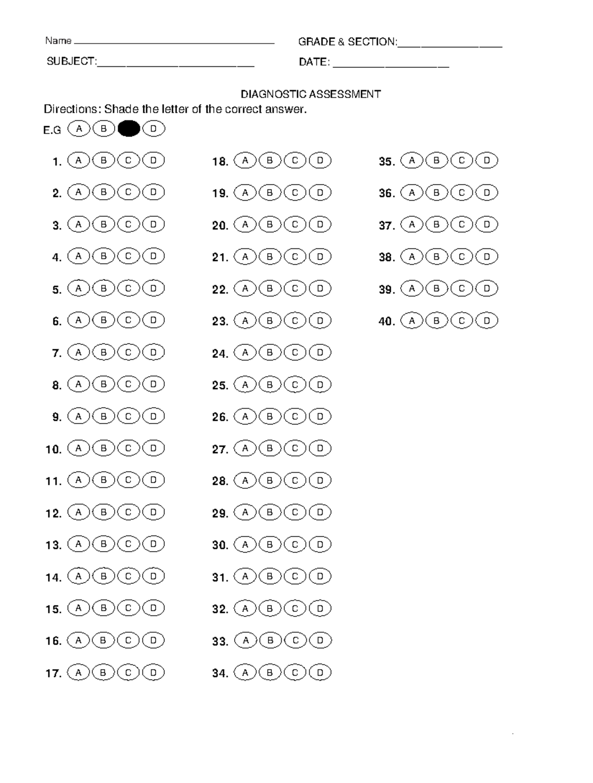 40 Items Bubble Answer Sheet - © Prentice-Hall, Inc. All Rights with Free Printable Bubble Answer Sheets