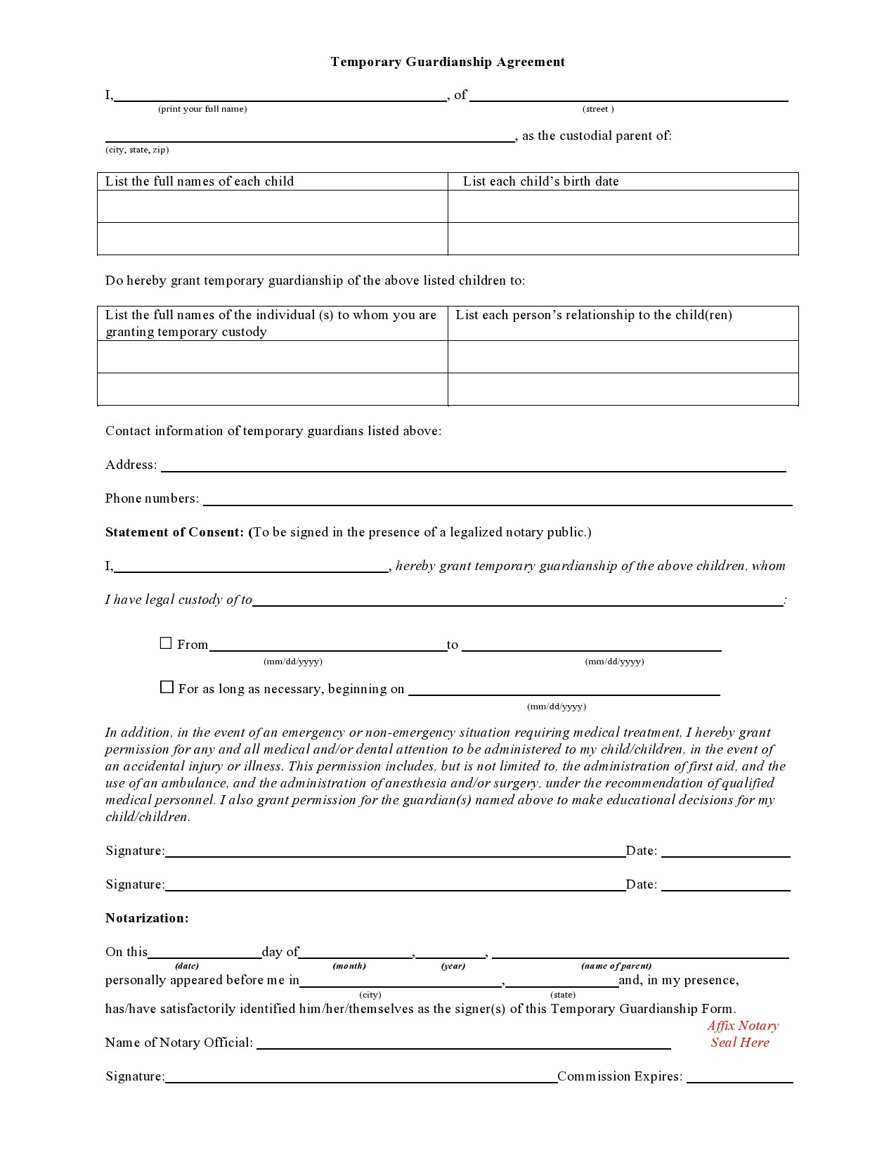 40 Printable Temporary Guardianship Forms [All States] throughout Free Printable Temporary Guardianship Form