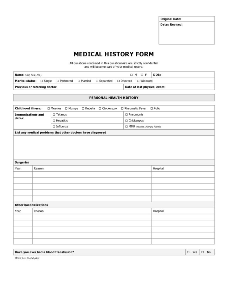 Free Printable Personal Medical History Forms
