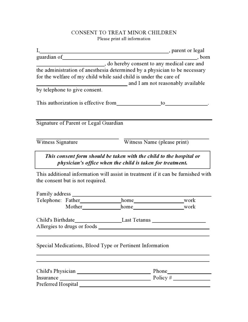 43 Printable Medical Consent Forms For Minor (Free) For Free Printable Medical Consent Form