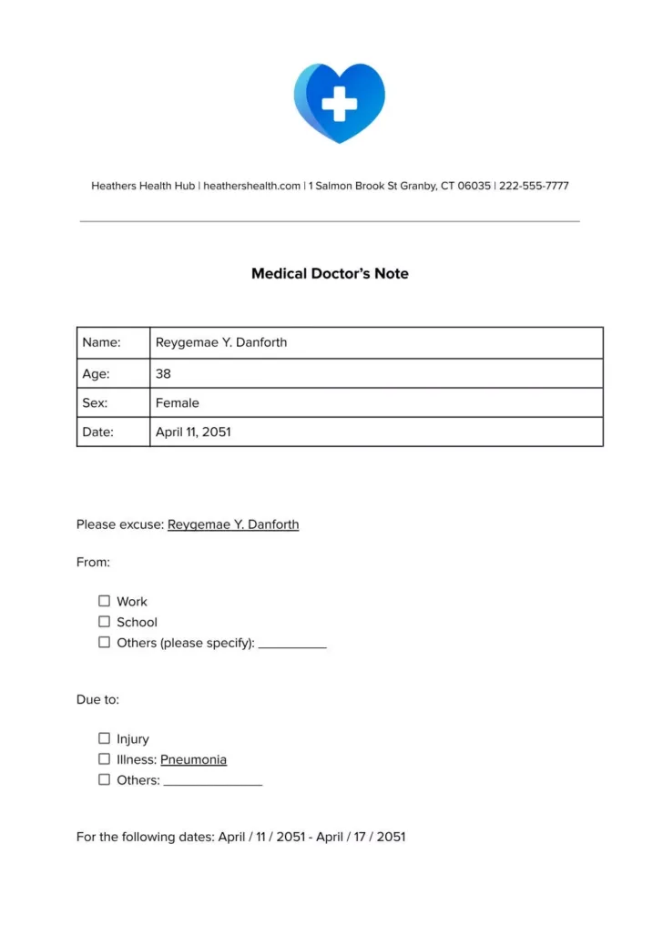 Free Printable Doctors Note For Work