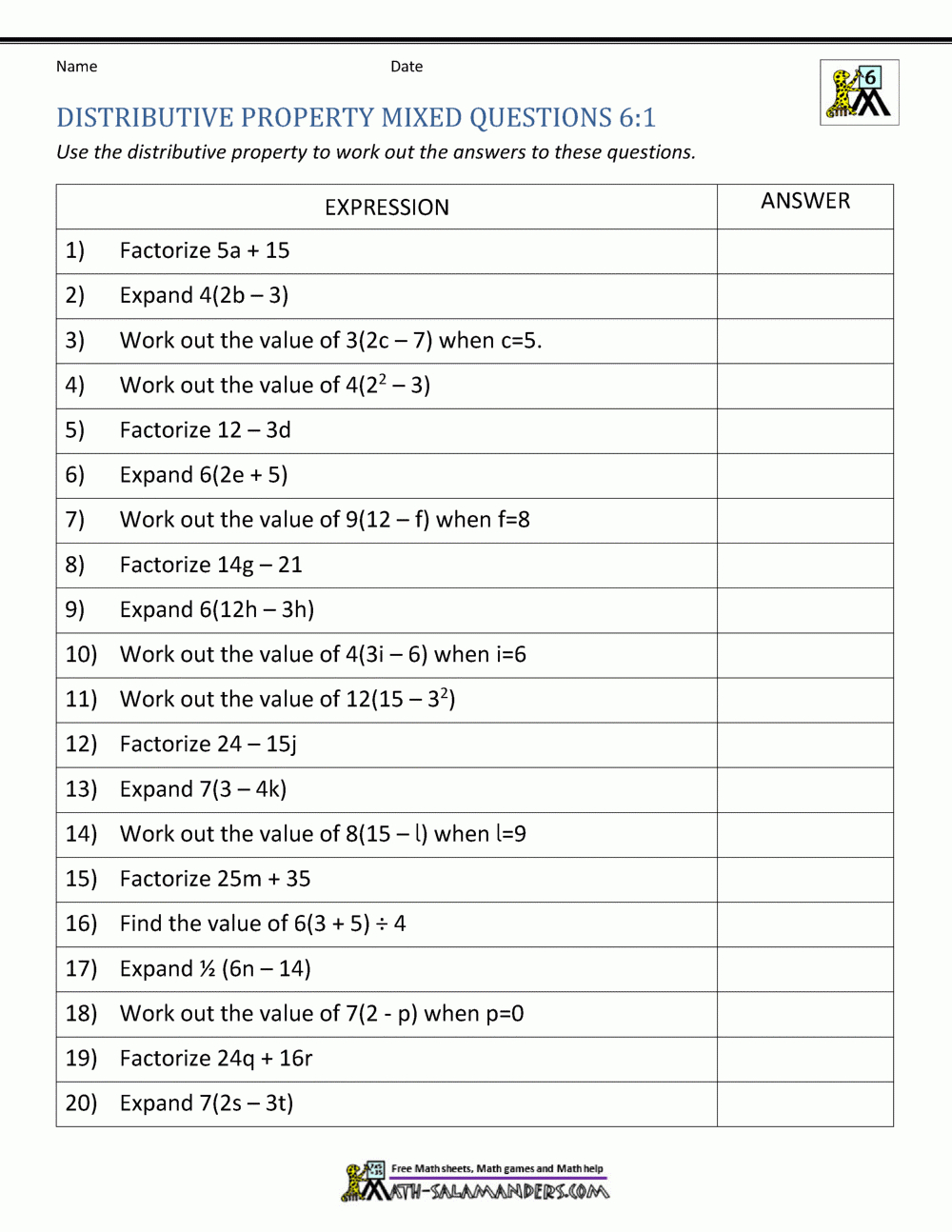 6Th Grade Distributive Property Worksheets intended for Free Printable Distributive Property Worksheets