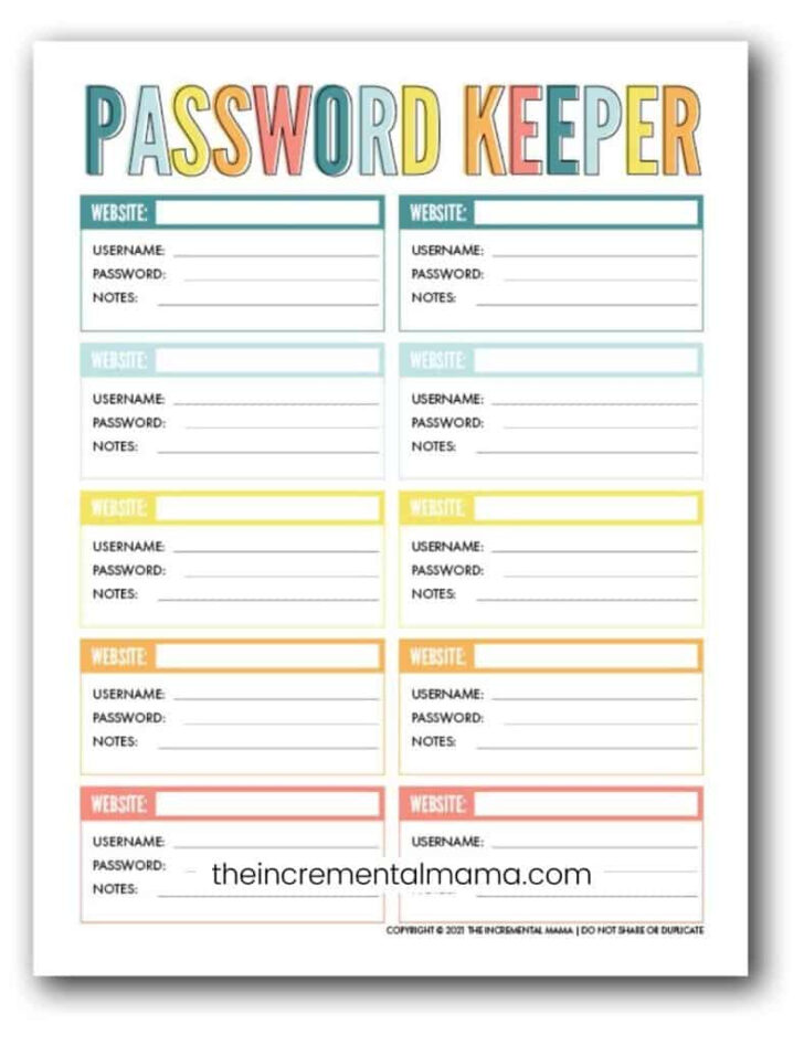 Free Printable Password Keeper