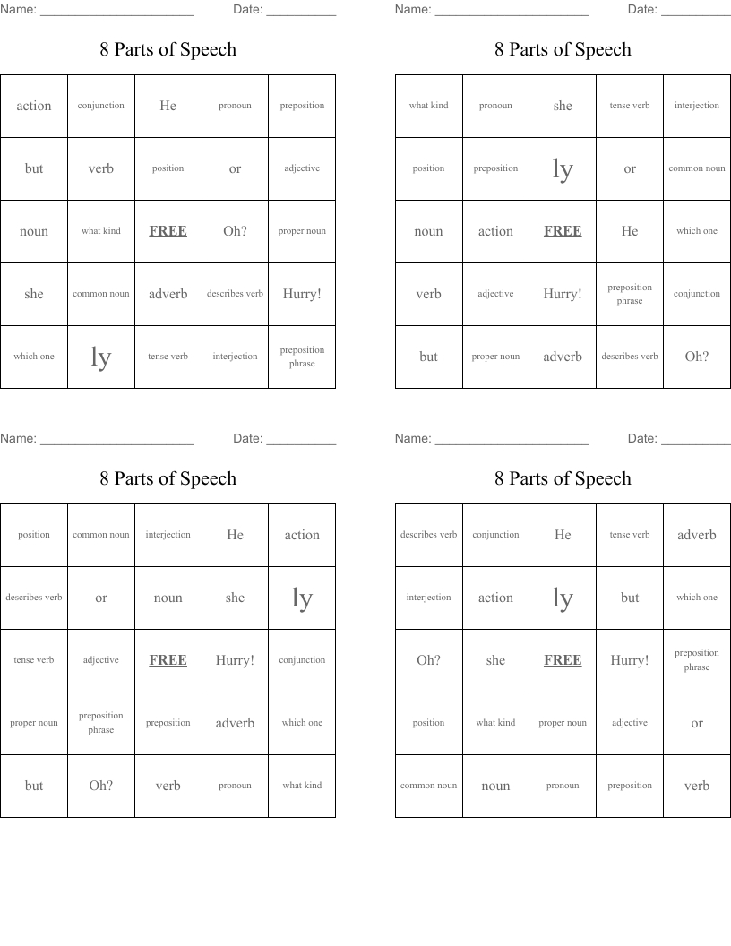 8 Parts Of Speech Bingo Cards - Wordmint throughout Free Printable Parts Of Speech Bingo