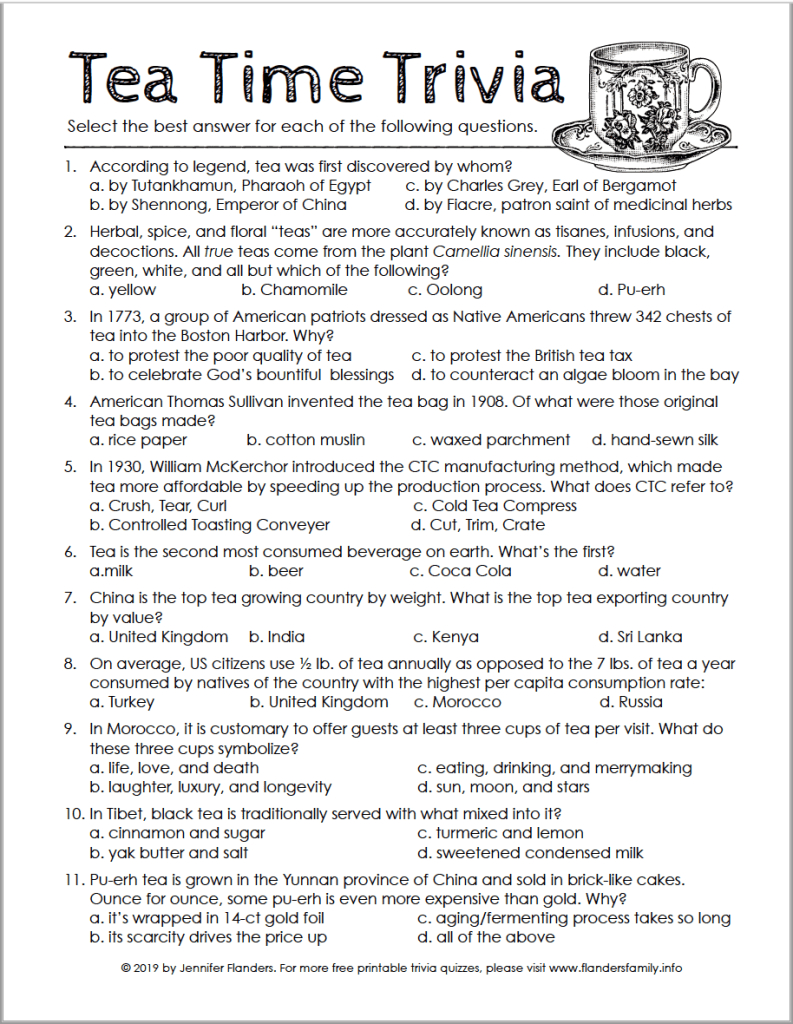 A Tea Time Trivia Test For Hot Tea Month - Flanders Family Home with regard to Free Printable Trivia Questions For Seniors