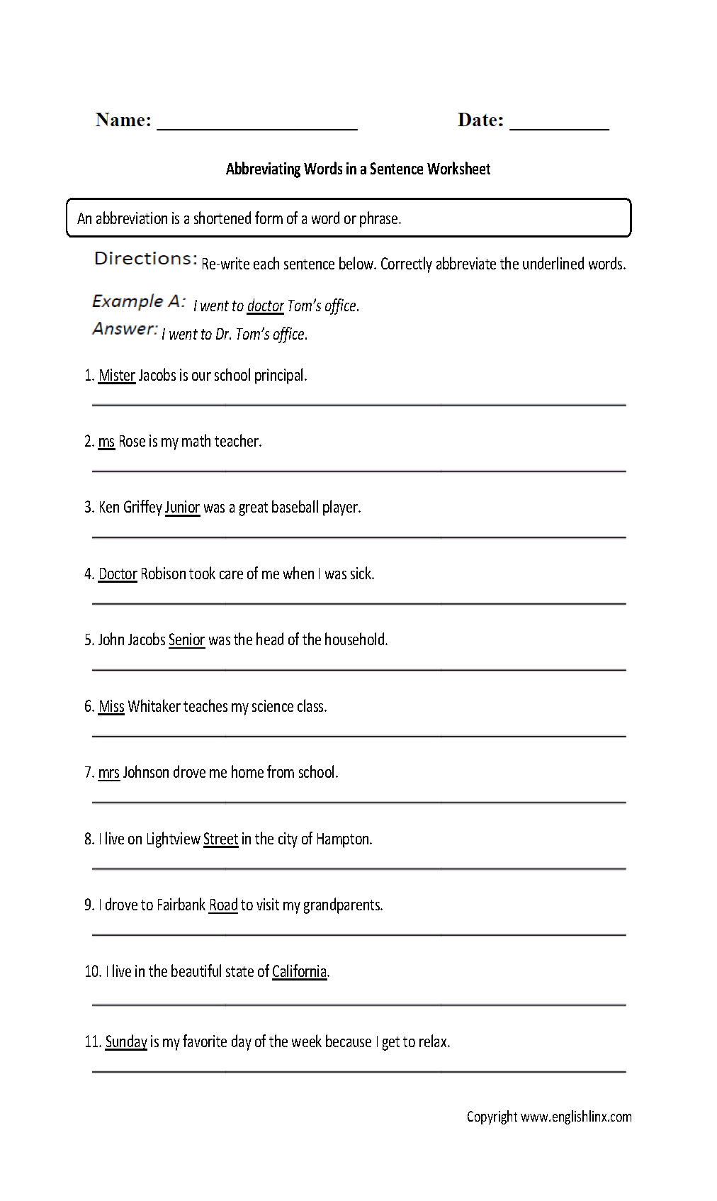 Abbreviations Worksheets | Abbreviating Words In A Sentence regarding 9th Grade English Worksheets Free Printable