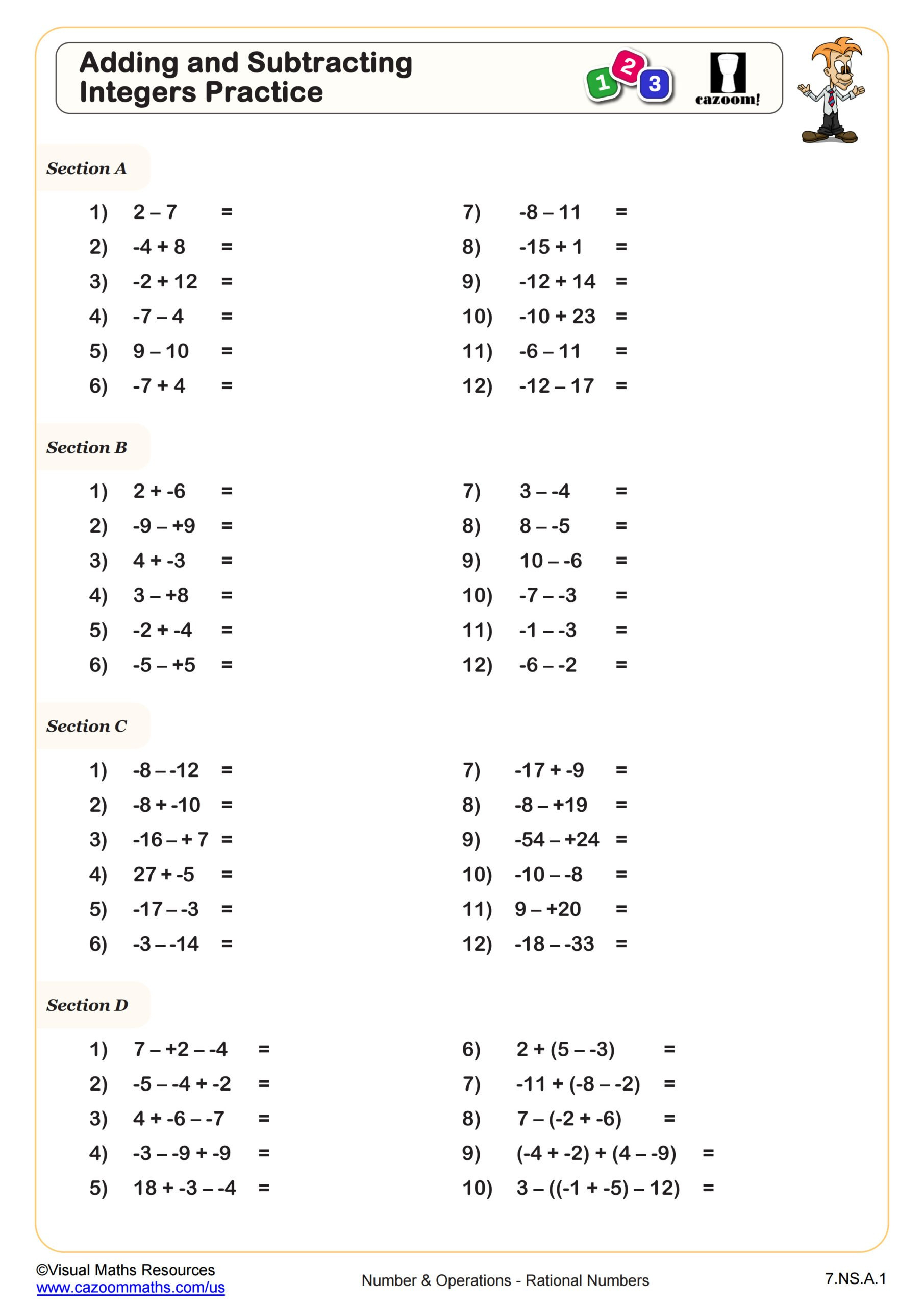 Adding And Subtracting Integers Practice Worksheet | 7Th Grade Pdf for Free Printable Integer Worksheets Grade 7