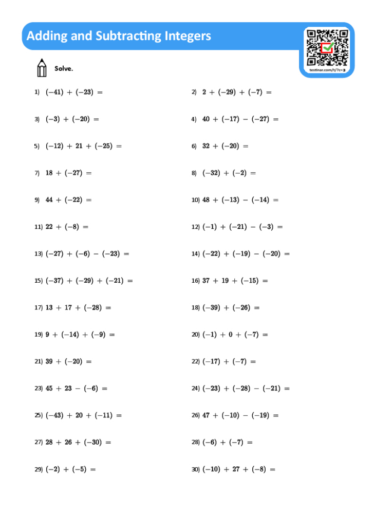 Free Printable Integer Worksheets Grade 7