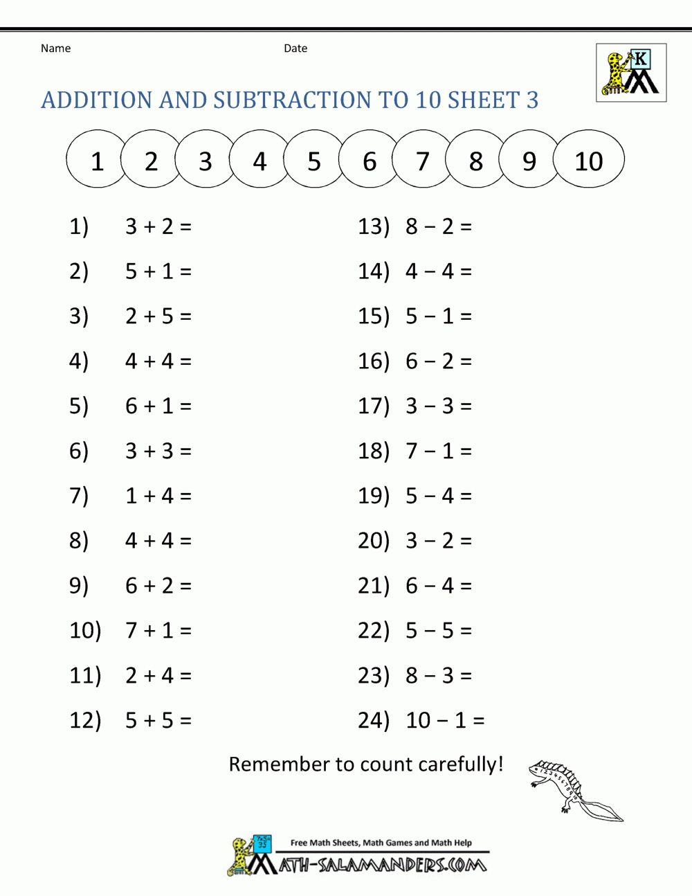 Addition And Subtraction Worksheets For Kindergarten with regard to Free Printable Addition And Subtraction Worksheets