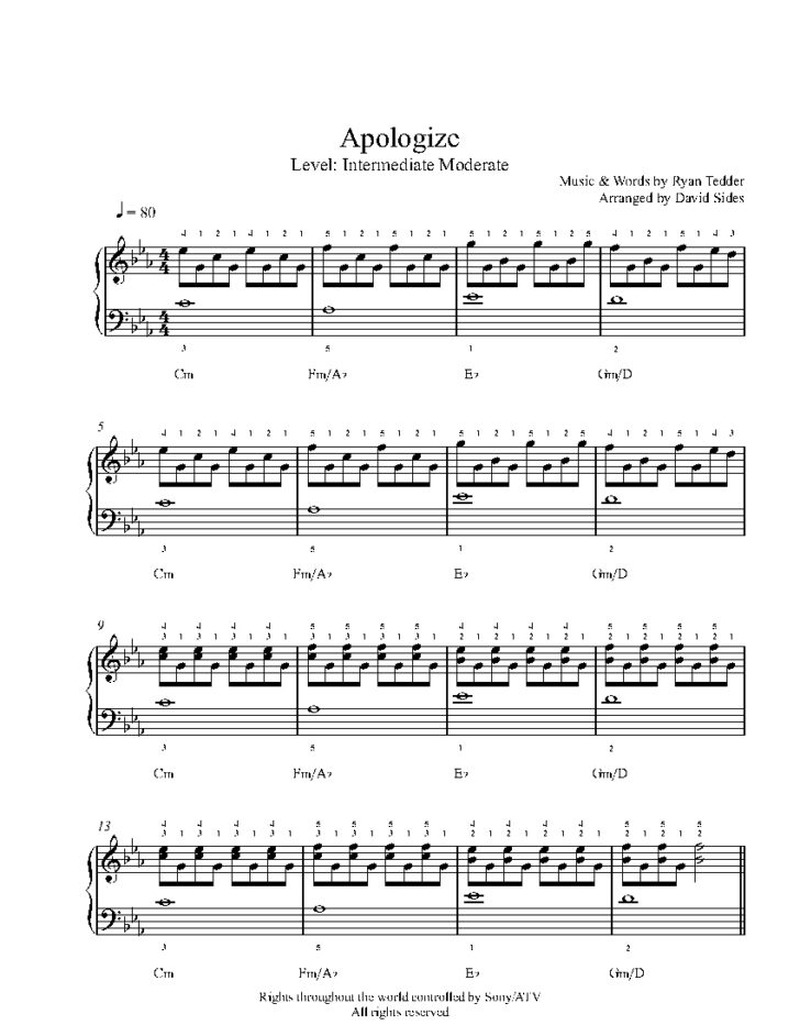 Apologize Piano Sheet Music Free Printable