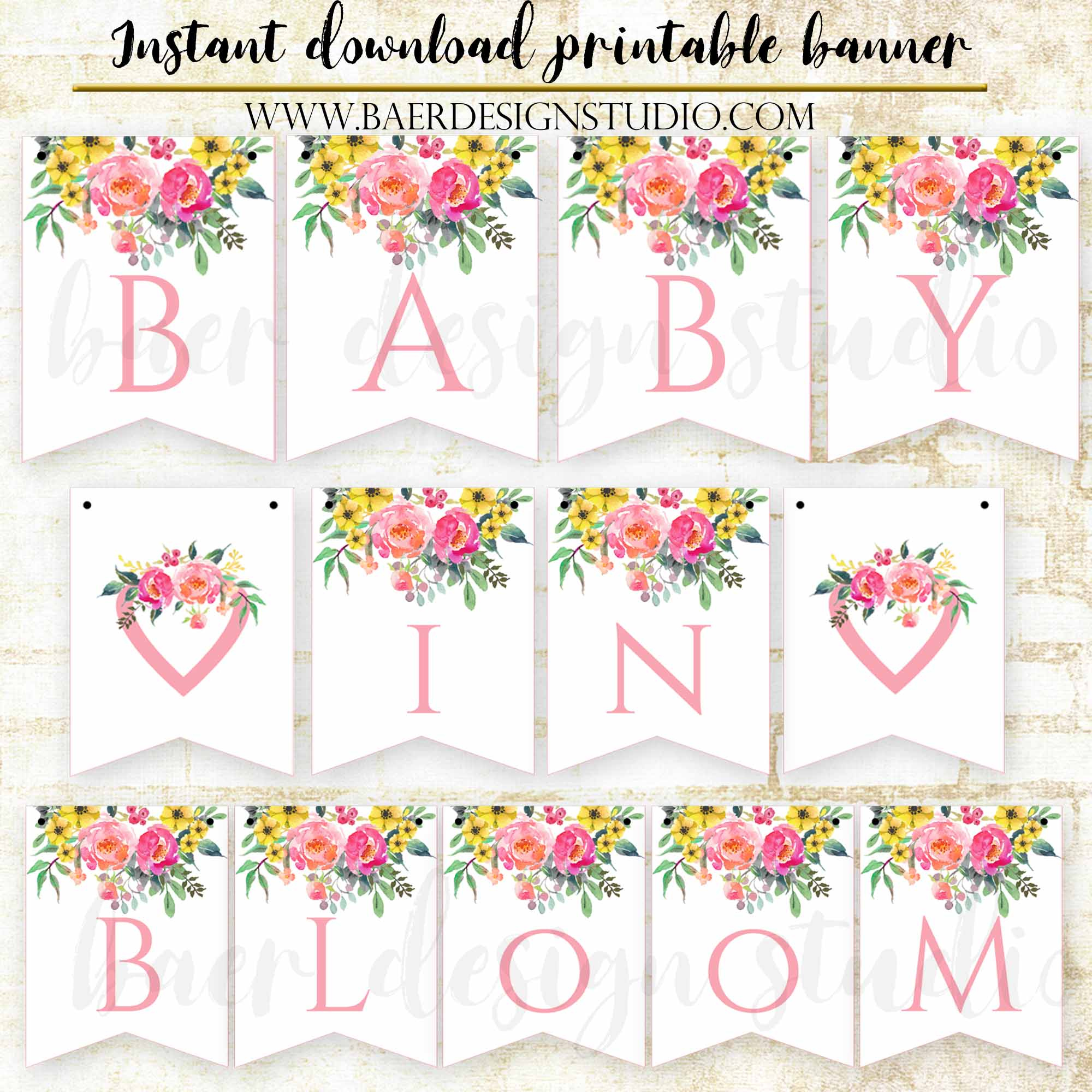 Baby In Bloom Printable Baby Shower Banner, Instant Download - Baer Design Studio with regard to Baby Shower Bunting Free Printable