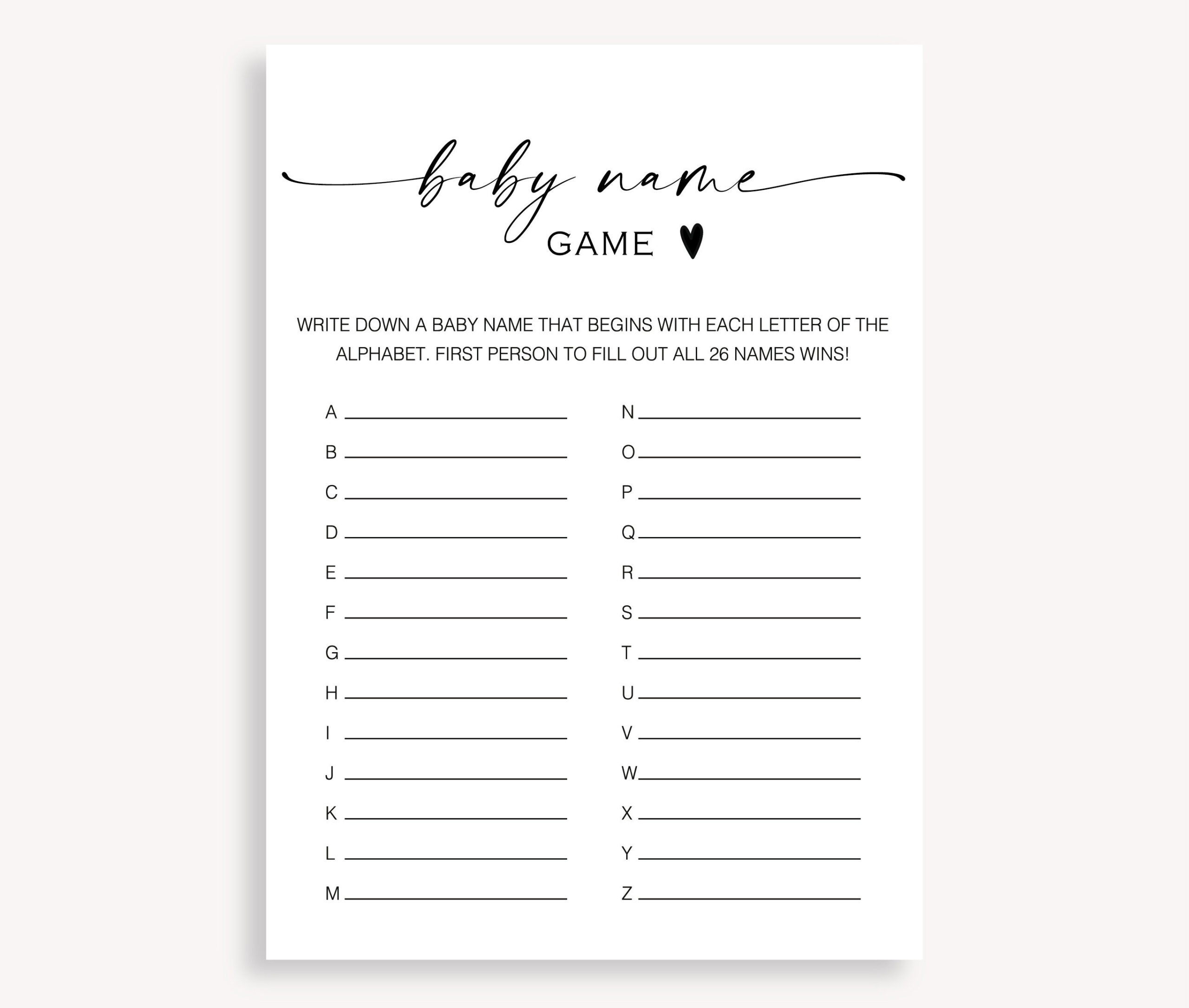Baby Name Alphabet Game, Printable Baby A To Z Name Game, Gender within Baby Name Race Free Printable