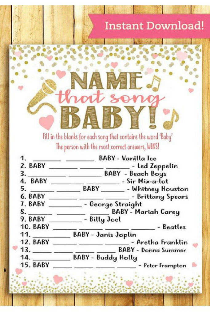 Baby Shower Game Name That Song, Baby! Coral Pink And Gold Pertaining To Name That Tune Baby Shower Game Free Printable Baby Shower Game Name That Song, Baby! Coral Pink And Gold Pertaining To Name That Tune Baby Shower Game Free Printable