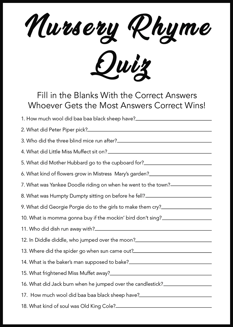 Baby Shower Games - Free Printables - Nursery Rhymes - within Free Printable Baby Shower Games