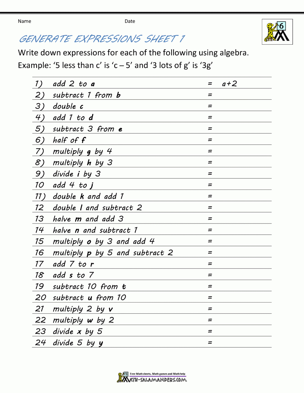 Basic Algebra Worksheets with regard to Free Printable Algebra Worksheets Grade 6