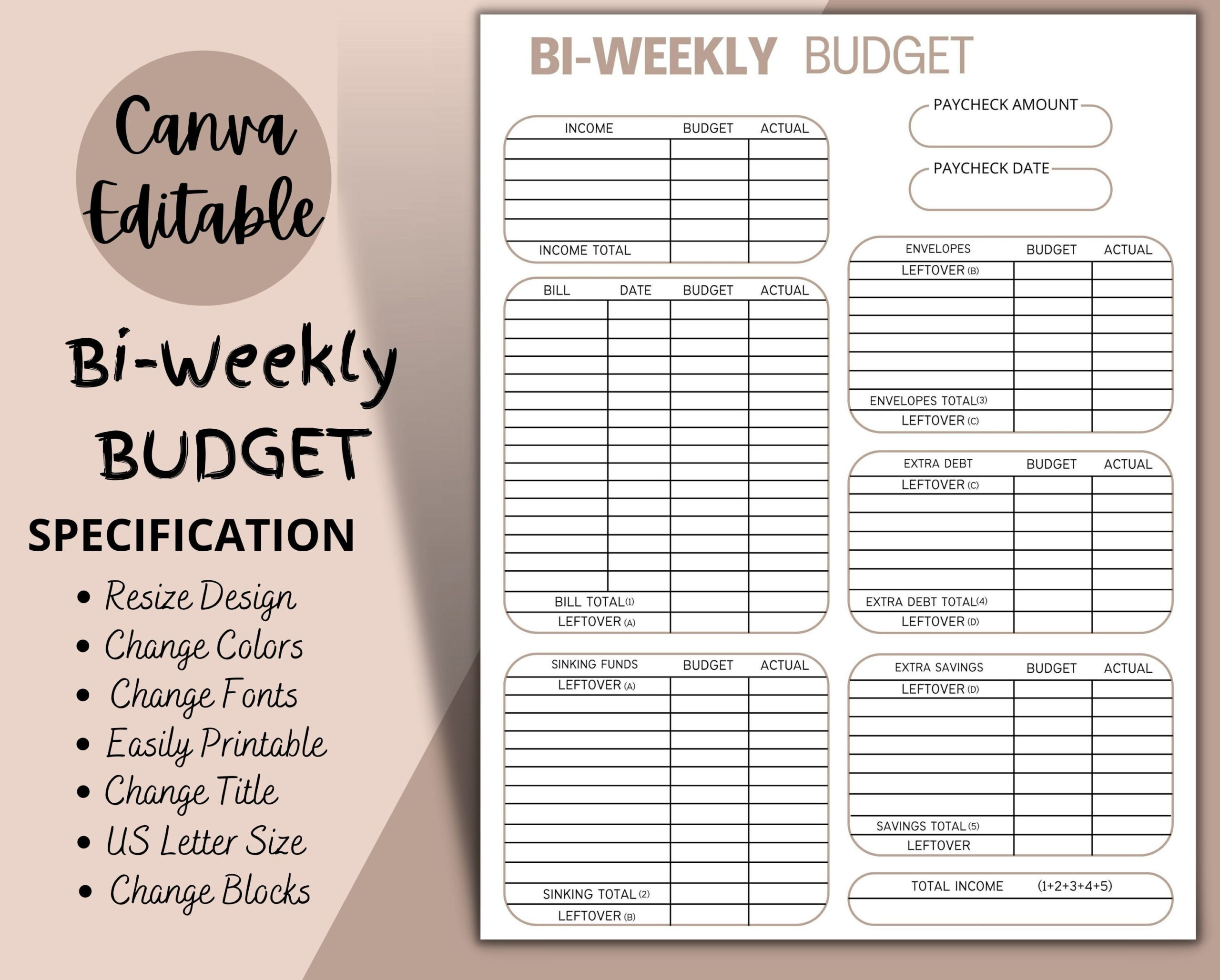 Bi-Weekly Budget Overview Template Printable, Canva Editable within Free Printable Bi Weekly Budget Template