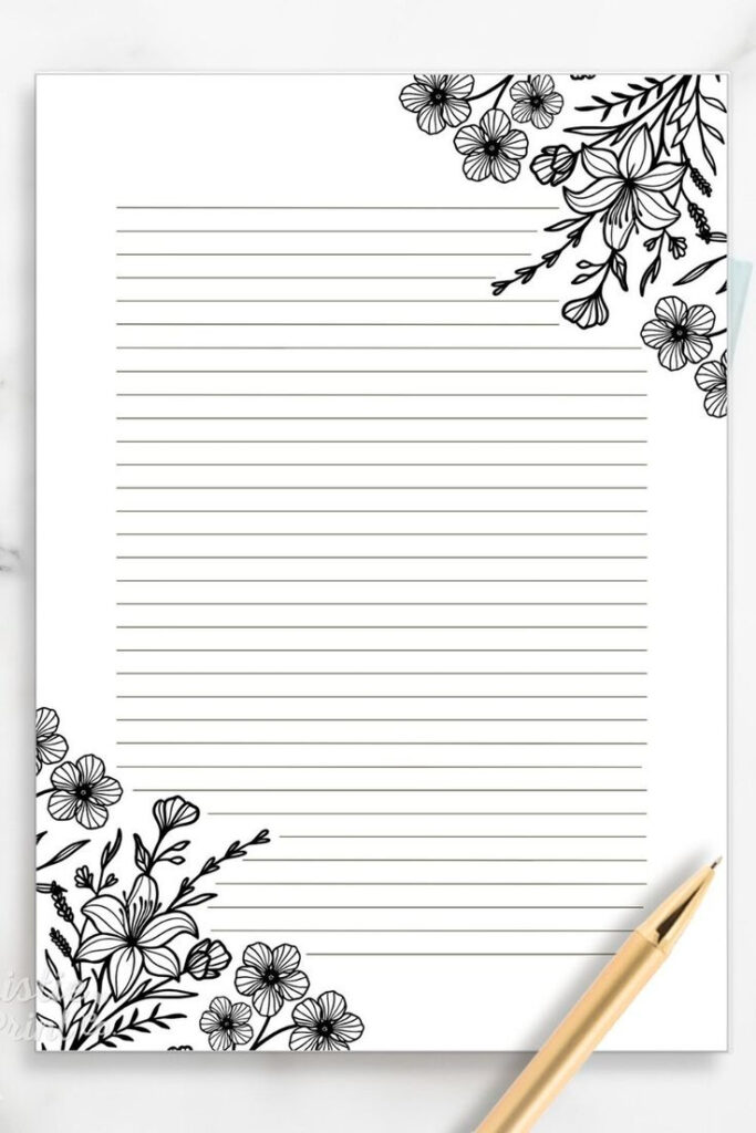 Black And White Floral Lined Paper, Printable Stationery Paper Inside Free Printable Stationery Paper