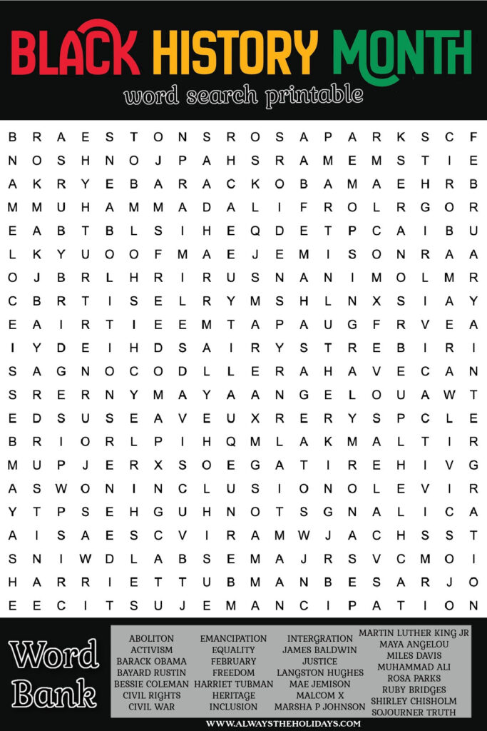 Black History Month Word Search   Free Printable With Answer Key Regarding Free Printable Black History Month Word Search