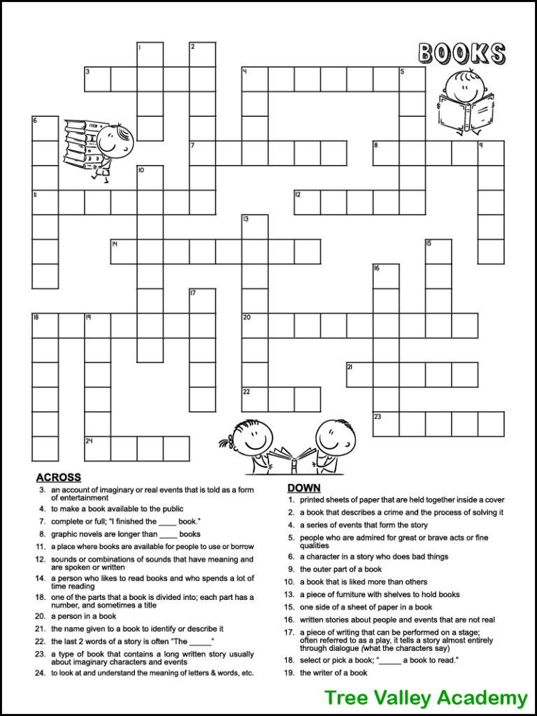 Book Themed Crossword Puzzle For Kids   Tree Valley Academy Throughout Free Printable Themed Crossword Puzzles
