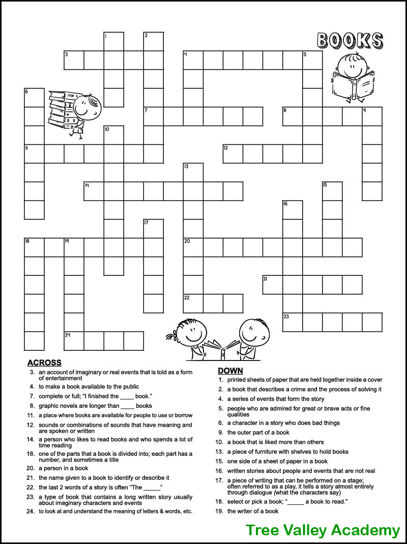 Book Themed Crossword Puzzle For Kids - Tree Valley Academy throughout Free Printable Themed Crossword Puzzles