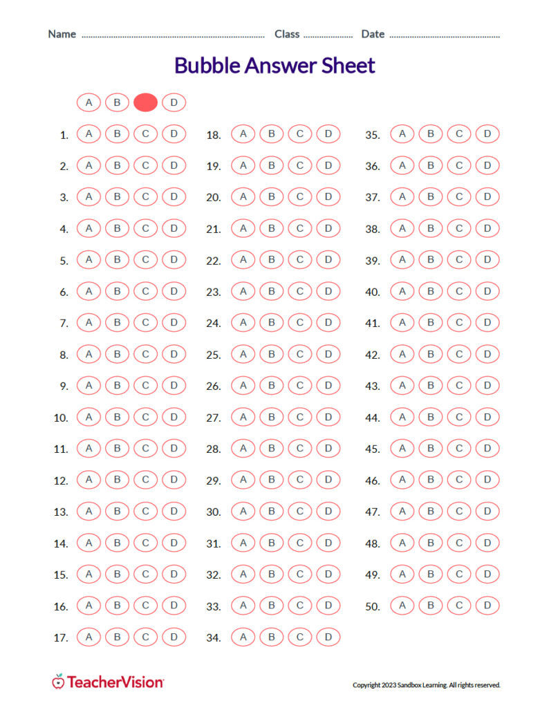 Bubble Answer Sheet For Tests   Teachervision In Free Printable Bubble Answer Sheets