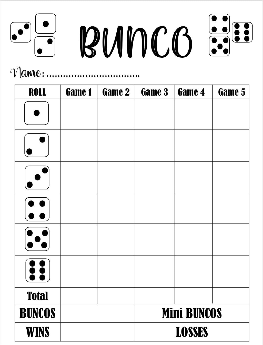 Bunco Score Card - Bunco Scoresheet - Bunco Score Pads - Printable inside Free Printable Bunco Score Sheets
