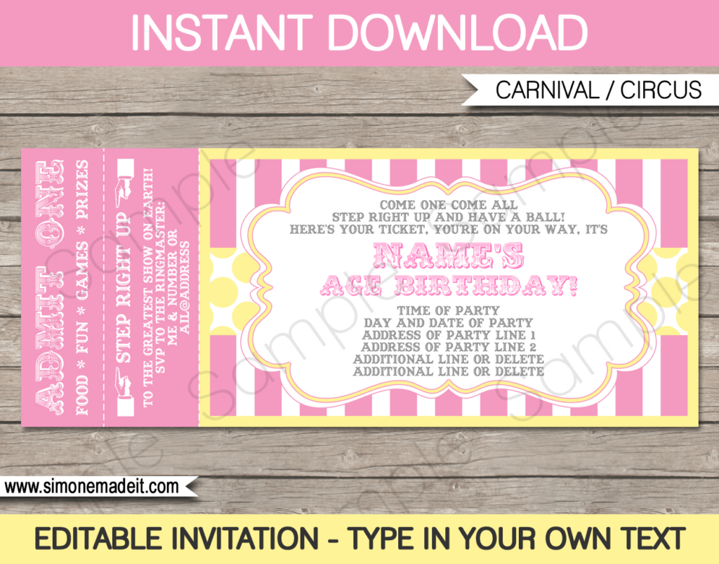 Carnival Ticket Invitation Template Pink/Yellow With Free Printable Ticket Invitations Carnival Ticket Invitation Template Pink/Yellow With Free Printable Ticket Invitations