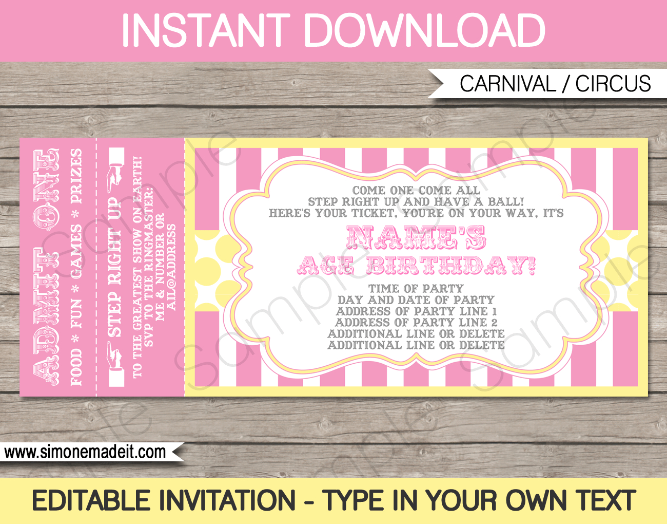 Carnival Ticket Invitation Template - Pink/Yellow with Free Printable Ticket Invitations