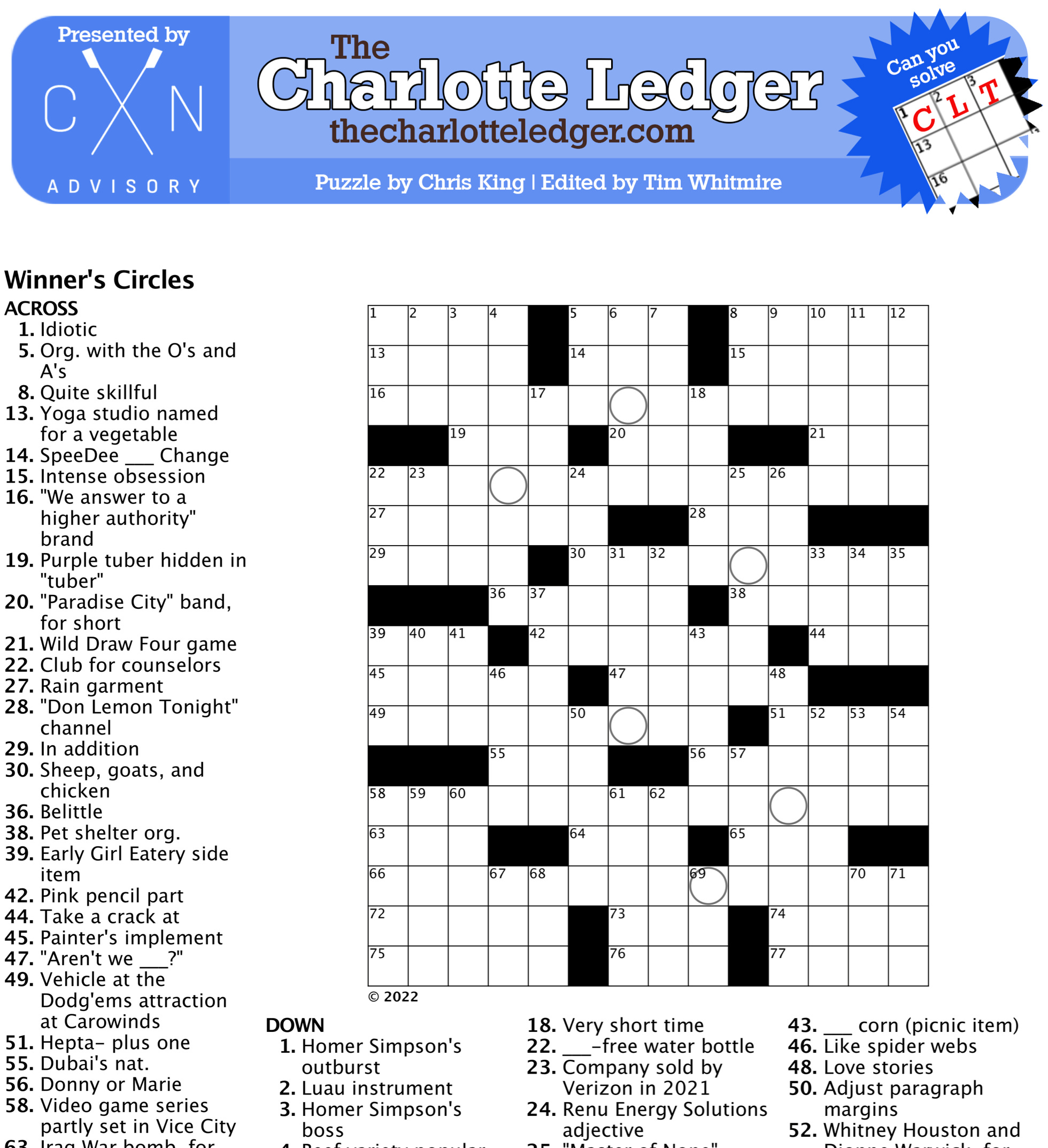 Charlotte Ledger Crosswords - The Charlotte Ledger intended for Free Easy Printable Crossword Puzzles For Adults