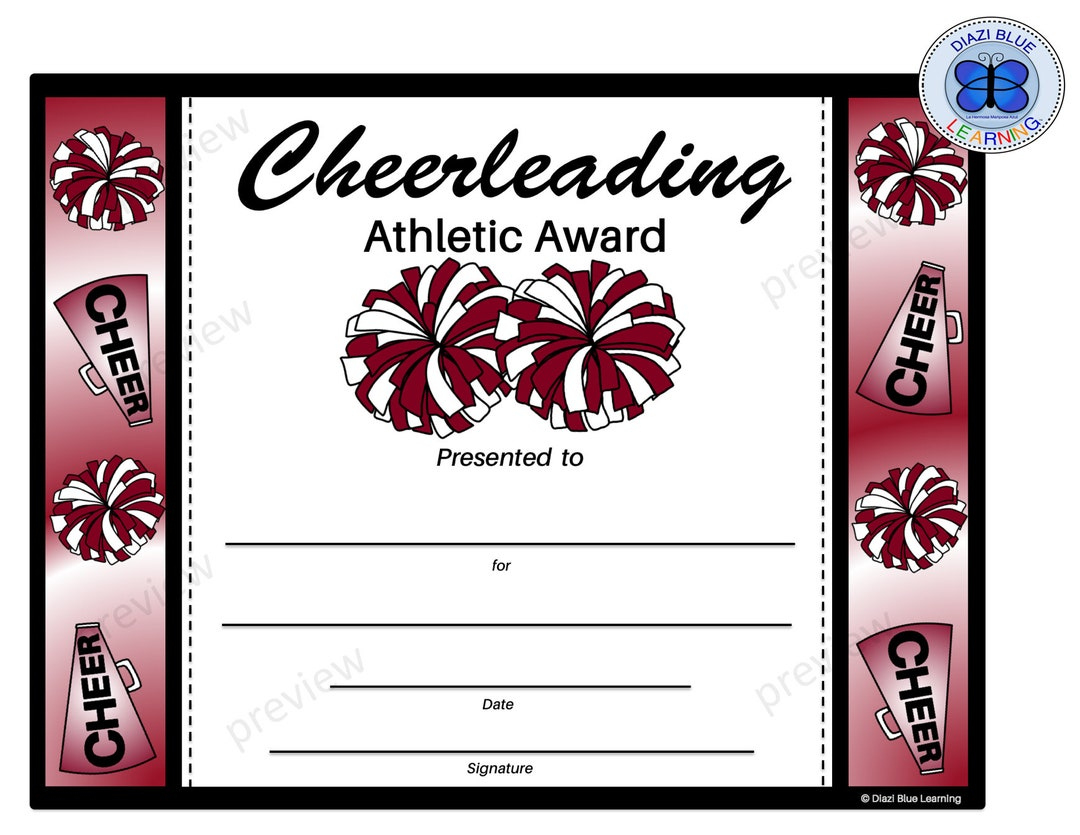 Cheerleading Certificate, Cheerleading Award, Editable inside Free Printable Cheerleading Certificates