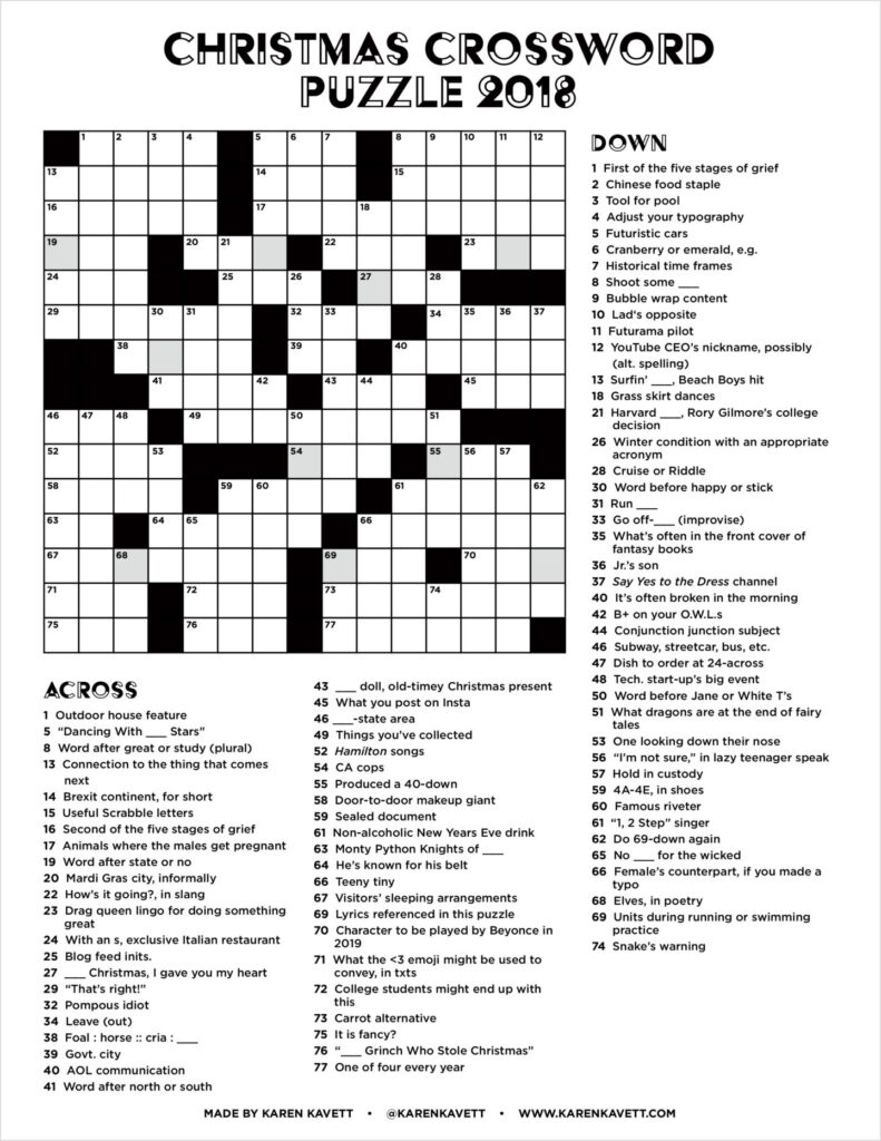 Christmas Crossword Puzzle 2018 Karen Kavett Intended For Free Printable Christmas Crossword Puzzles For Adults Christmas Crossword Puzzle 2018 Karen Kavett Intended For Free Printable Christmas Crossword Puzzles For Adults