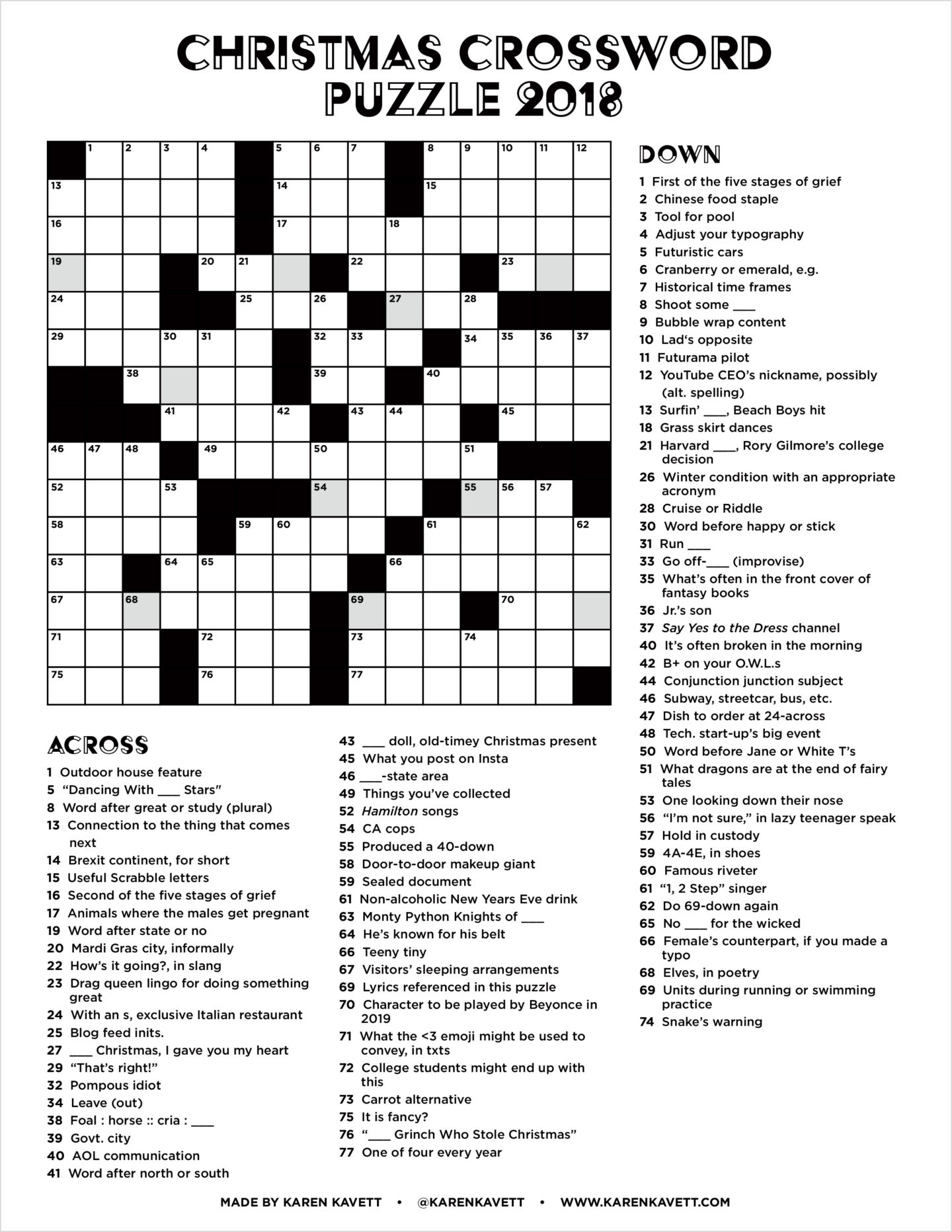 Christmas Crossword Puzzle 2018 - Karen Kavett intended for Free Printable Christmas Crossword Puzzles For Adults