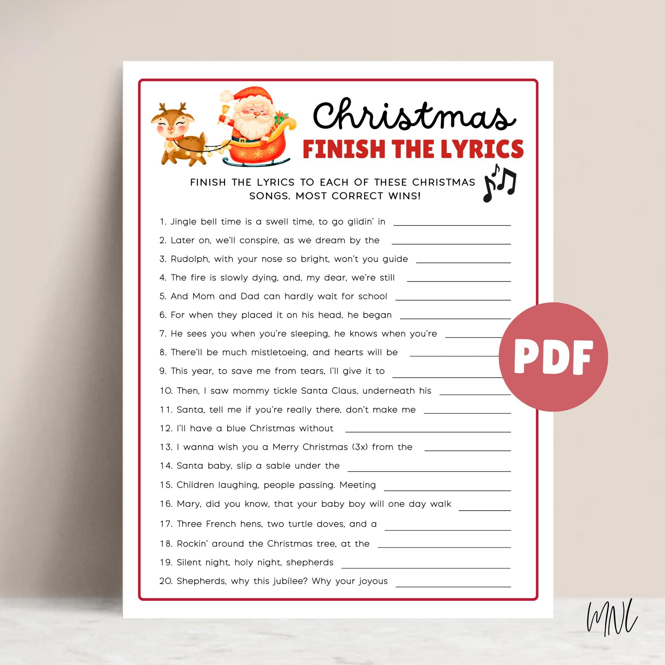Christmas Song Game Finish The Lyrics Printable Christmas Party pertaining to Christmas Song Lyrics Game Free Printable
