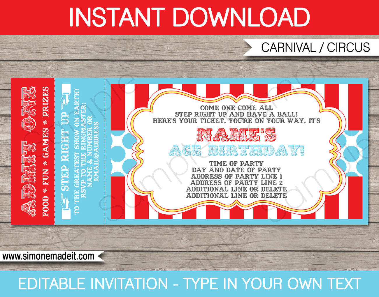 Circus Ticket Invitation Template - Red/Aqua regarding Free Printable Ticket Invitations