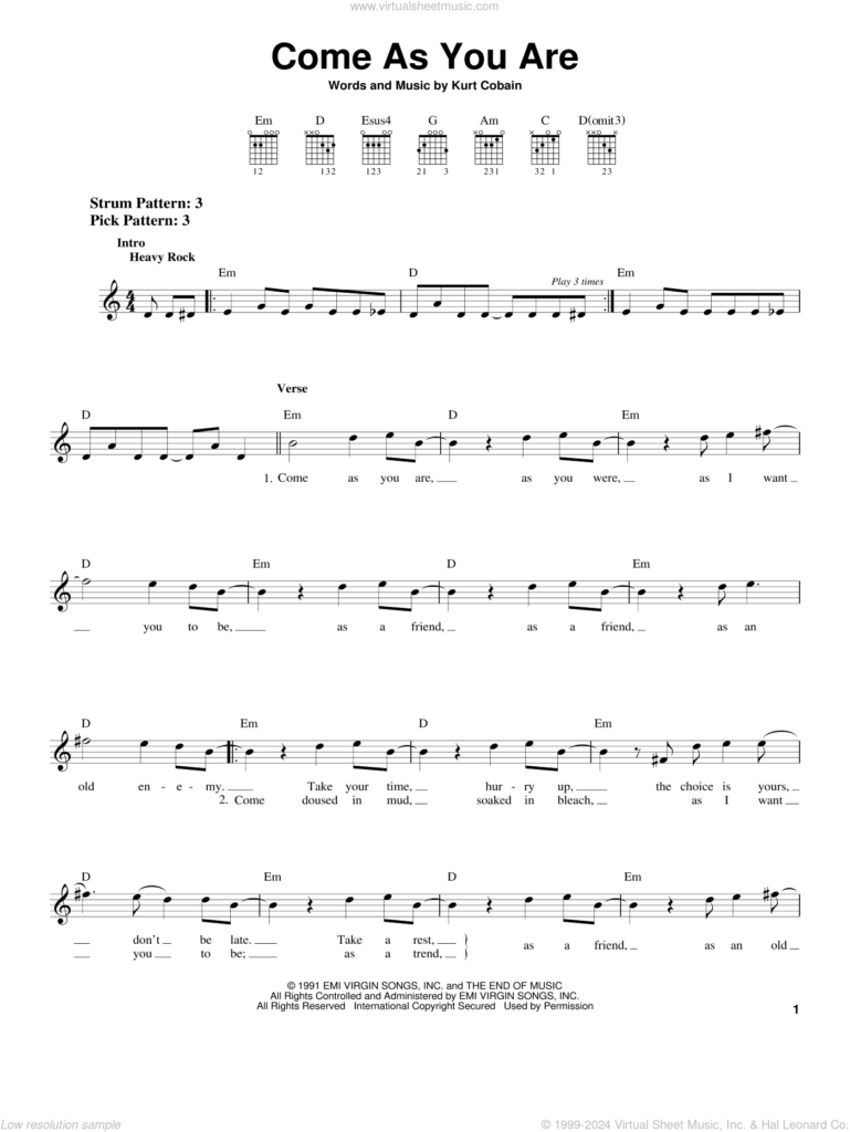 Come As You Are Sheet Music (Easy) For Guitar Solo (Chords) (Pdf) With Regard To Free Guitar Sheet Music For Popular Songs Printable Come As You Are Sheet Music (Easy) For Guitar Solo (Chords) (Pdf) With Regard To Free Guitar Sheet Music For Popular Songs Printable