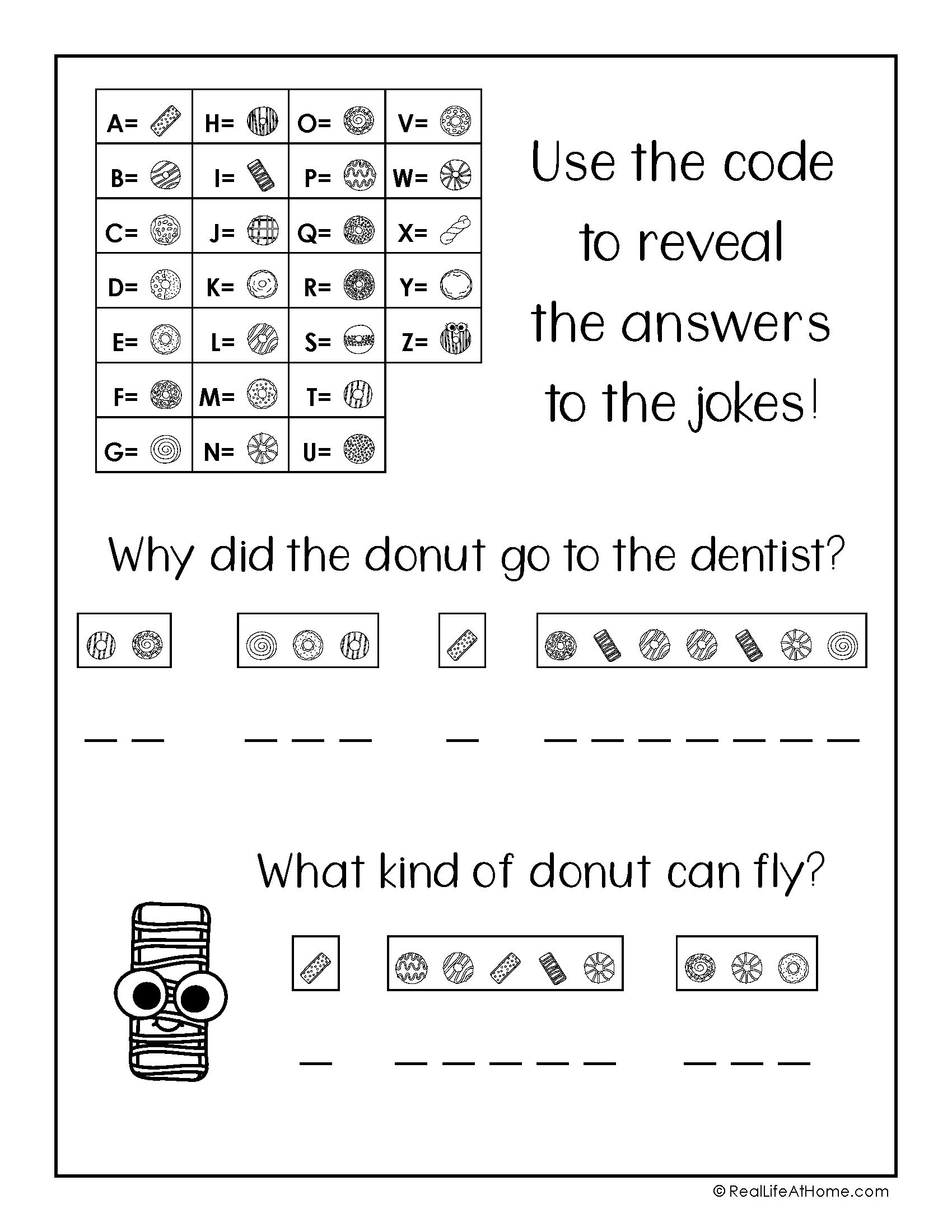 Crack The Code Puzzles Free Printable Featuring Donut Jokes inside Crack the Code Worksheets Printable Free