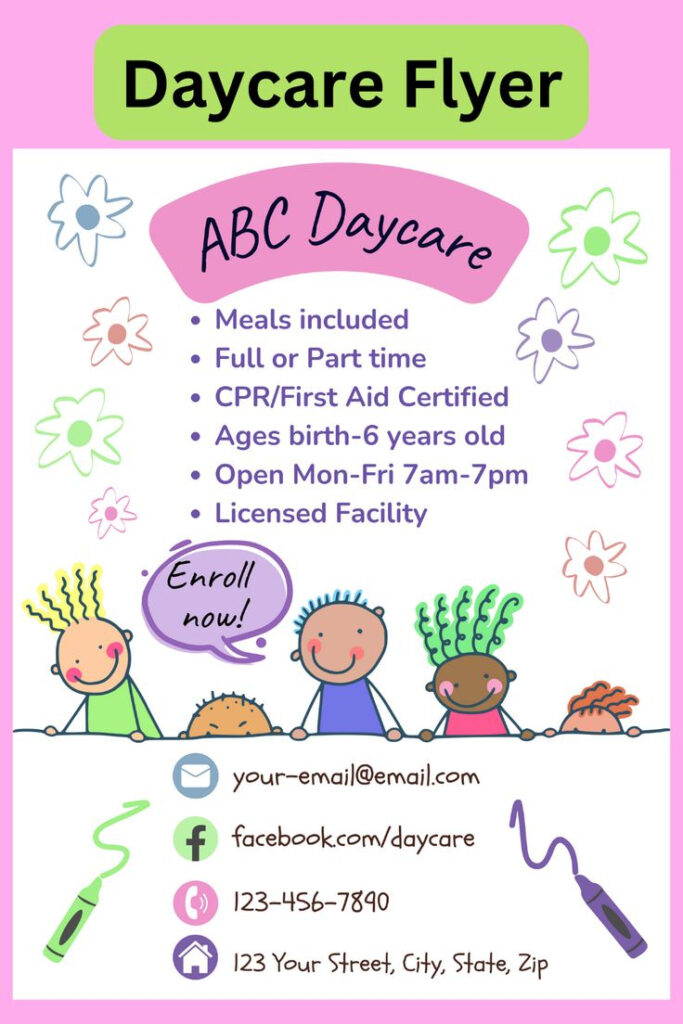 Daycare Advertising Flyer, Now Enrolling Daycare Flyer Intended For Free Printable Home Daycare Flyers Daycare Advertising Flyer, Now Enrolling Daycare Flyer Intended For Free Printable Home Daycare Flyers