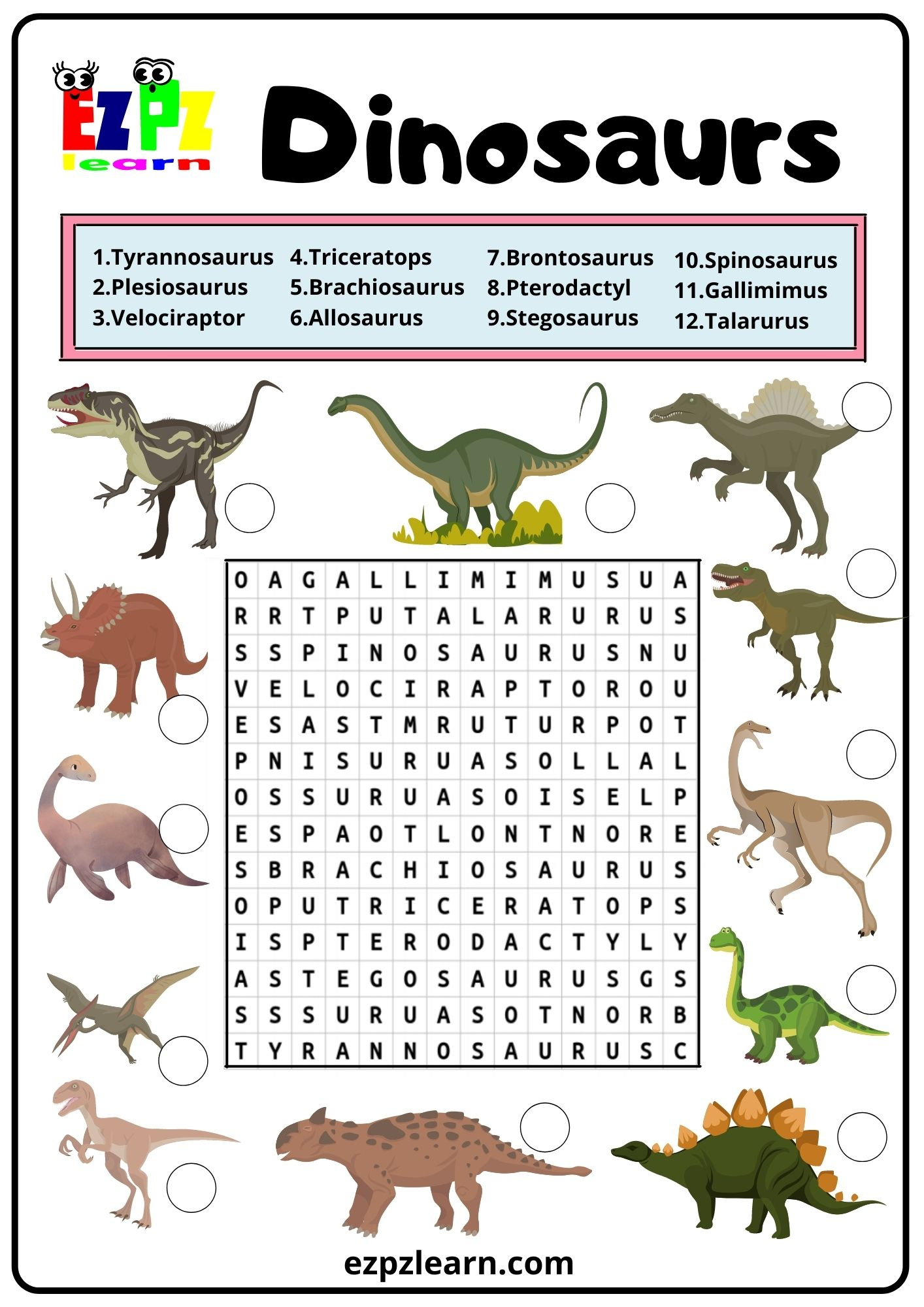 Dinosaurs Word Search 2 - Ezpzlearn pertaining to Free Printable Dinosaur Word Search