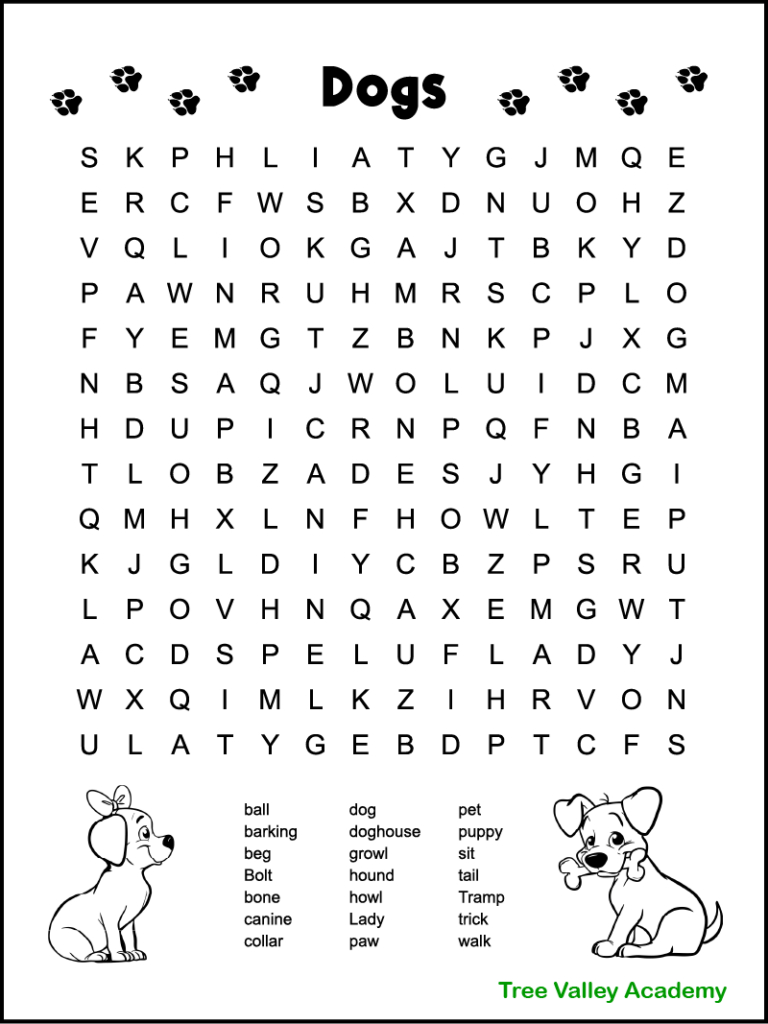 Dog Themed Word Search For Kids - Tree Valley Academy pertaining to 2nd Grade Word Search Free Printable