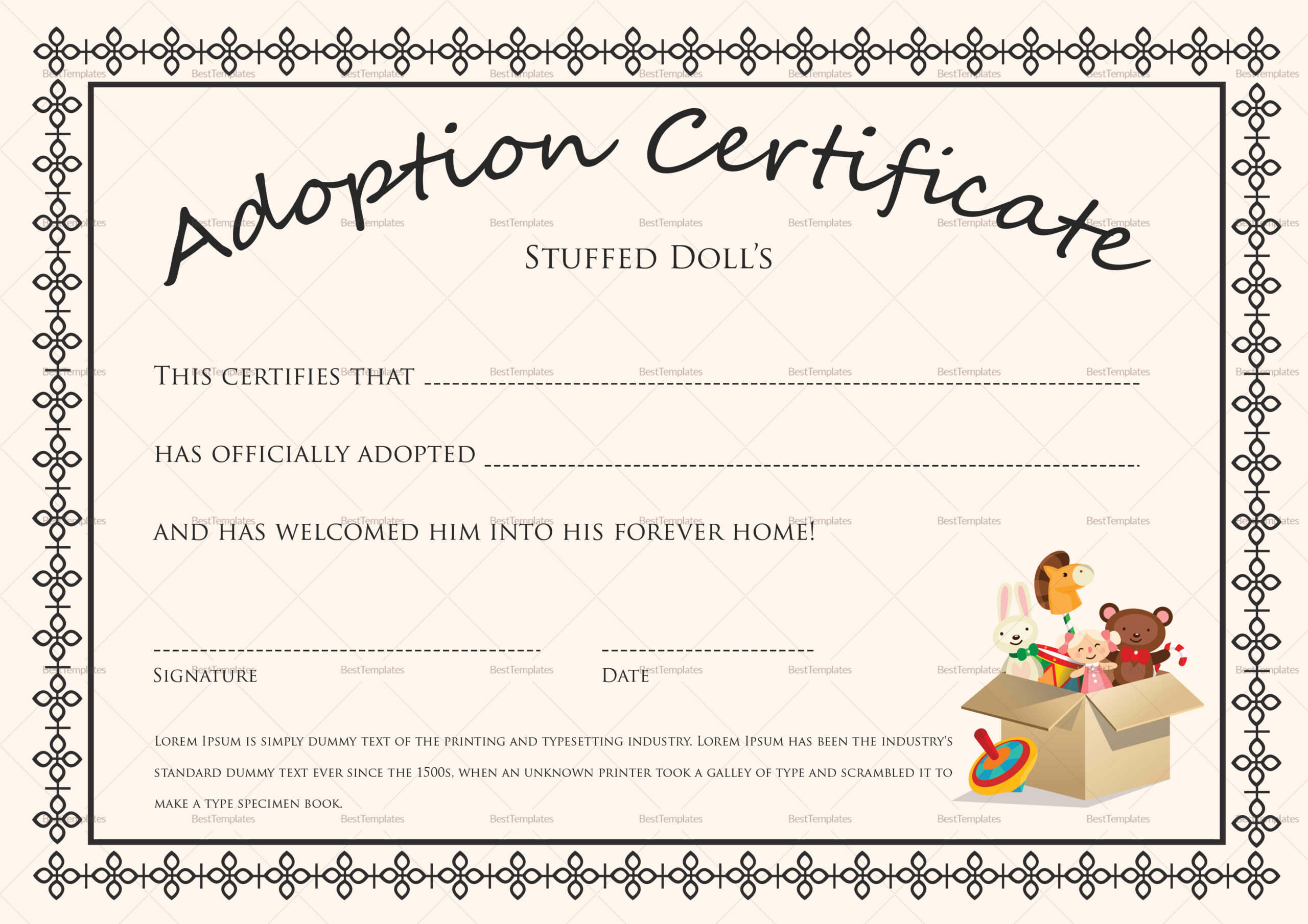Doll Adoption Certificate Design Template In Psd, Word in Free Printable Adoption Certificate