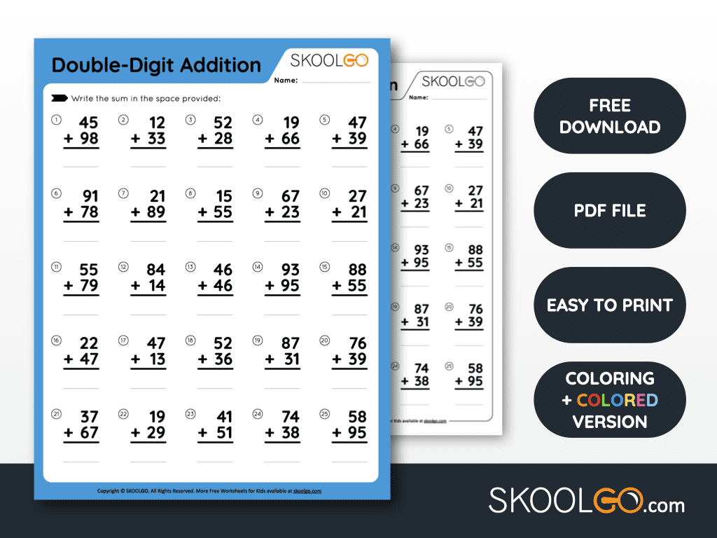 Double-Digit Addition - Free Worksheet For Kids - Skoolgo for Free Printable Double Digit Addition And Subtraction Worksheets