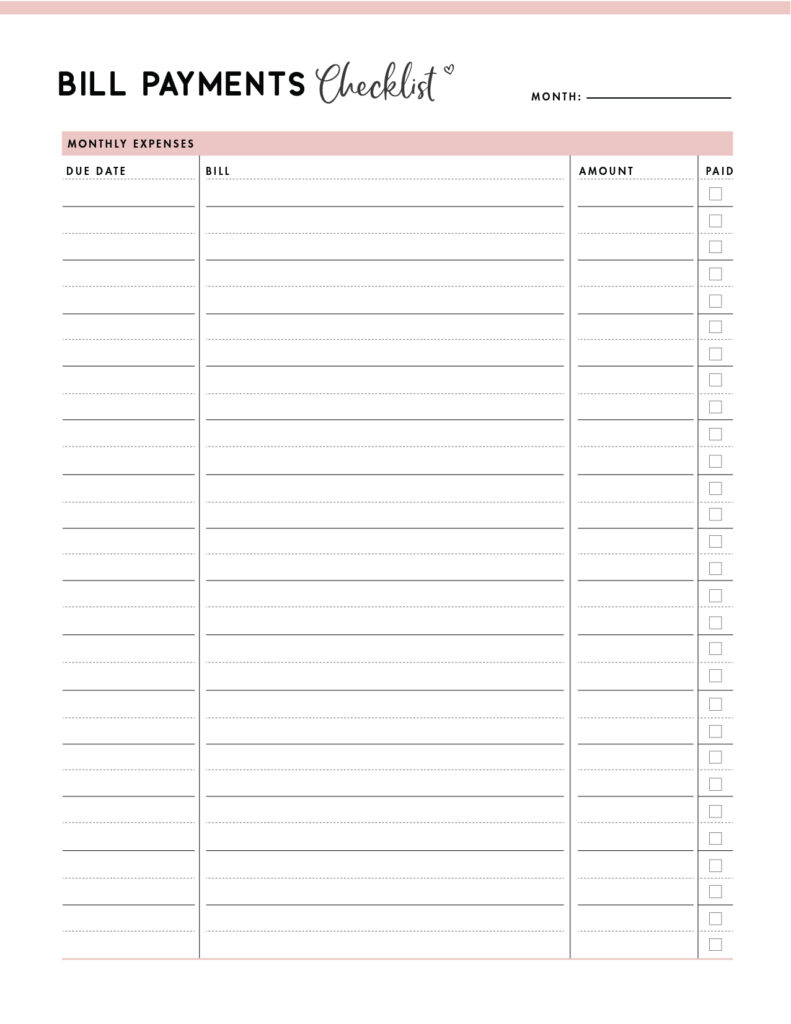 Download Printable Bill Checklist Pdf - World Of Printables with Free Printable Monthly Bill Checklist